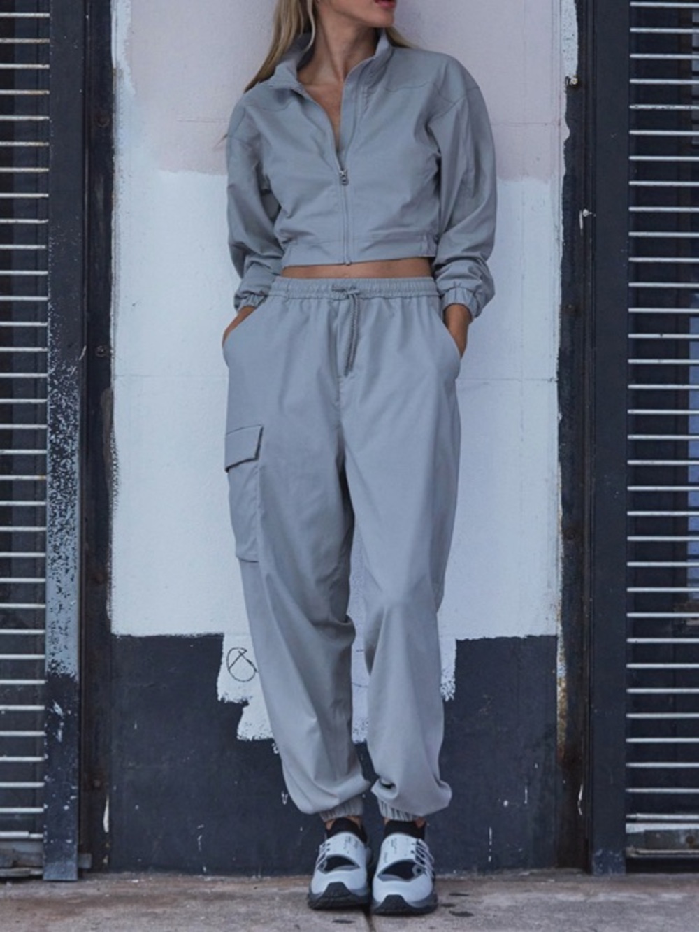 NWOT Noli 2 Piece Set Destination Bomber Jacket & Cargo Pants - Ghost Gray